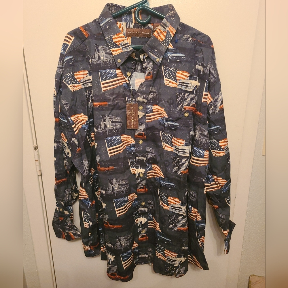 WOODLAND TRAIL American Flag/Trucks Long Sleeve 3X New